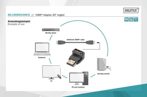 Digitus Adapter HDMI HighSpeed z Ethernetem 4K 60Hz UHD Typ HDMI A kątowy/HDMI A M/Ż czarny