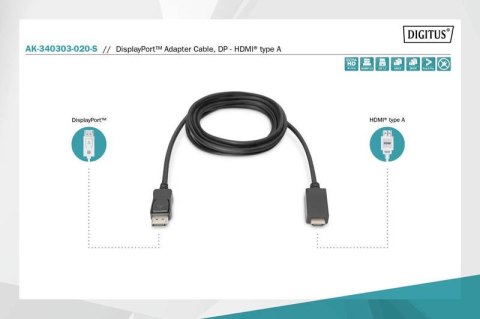 Digitus Kabel adapter DisplayPort 1.2 z zatrzaskiem 4K 60Hz UHD Typ DP/HDMI A M/M 1m czarny