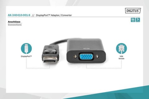 Digitus Kabel adapter Displayport z zatrzaskiem 1080p 60Hz FHD Typ DP/DSUB15 M/Ż 0,15m Czarny