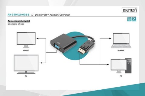Digitus Kabel adapter Displayport z zatrzaskiem 1080p 60Hz FHD Typ DP/DSUB15 M/Ż 0,15m Czarny