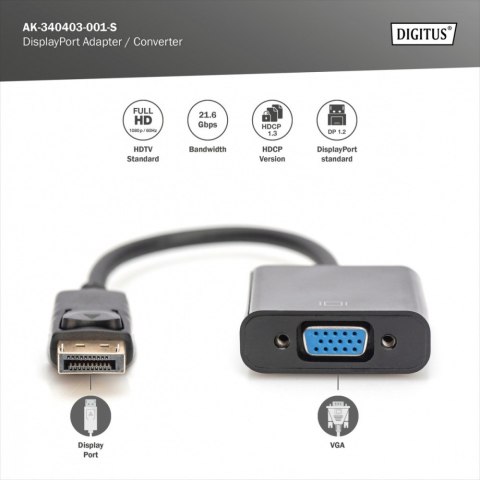 Digitus Kabel adapter Displayport z zatrzaskiem 1080p 60Hz FHD Typ DP/DSUB15 M/Ż 0,15m czarny