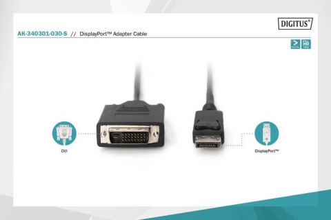 Digitus Kabel adapter Displayport z zatrzaskiem 1080p 60Hz FHD Typ DP/DVI-D (24+1) M/M 3m czarny