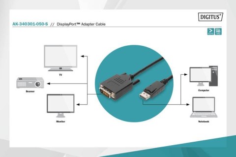 Digitus Kabel adapter Displayport z zatrzaskiem 1080p 60Hz FHD Typ DP/DVI-D (24+1) M/M 5m czarny