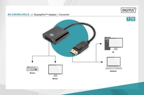 Digitus Kabel adapter Displayport z zatrzaskiem 1080p 60Hz FHD Typ DP/DVI-I (24+5) M/Ż 0,15m czarny