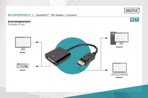 Digitus Kabel adapter Displayport z zatrzaskiem 1080p 60Hz FHD Typ DP/DVI-I (24+5) M/Ż czarny 0,15m