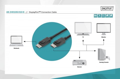 Digitus Kabel połączeniowy DisplayPort z zatrzaskami 8K 30Hz UHD Typ DP/DP M/M 1m czarny