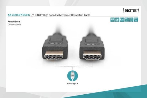 Digitus Kabel połączeniowy HDMI HighSpeed z Ethernetem 4K 60Hz UHD Typ HDMI A/HDMI A M/M 1m czarny