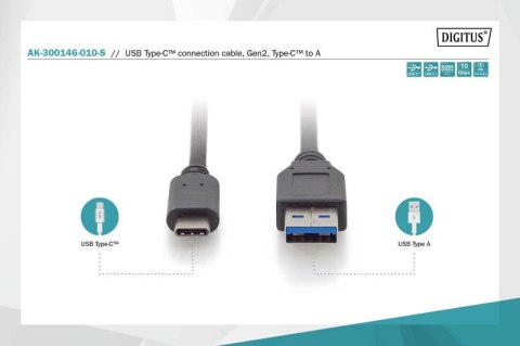 Digitus Kabel połączeniowy USB 3.1 Gen.2 SuperSpeed+ 10Gbps Typ USB C/USB A M/M, Power Delivery 1m Czarny