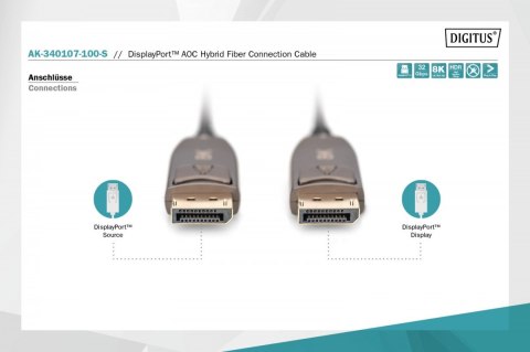Digitus Kabel połączeniowy hybrydowy AOC DisplayPort 1.4 8K/60Hz UHD DP/DP M/M 10m czarny