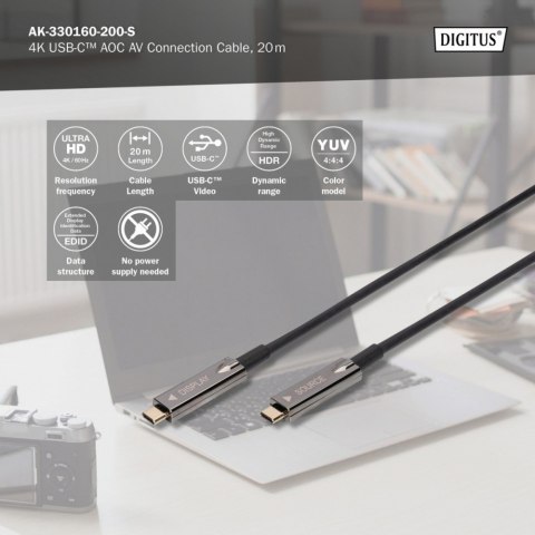 Digitus Kabel połączeniowy hybrydowy AOC USB 3.1 Typ C/USB Typ C 4K 60Hz 20m