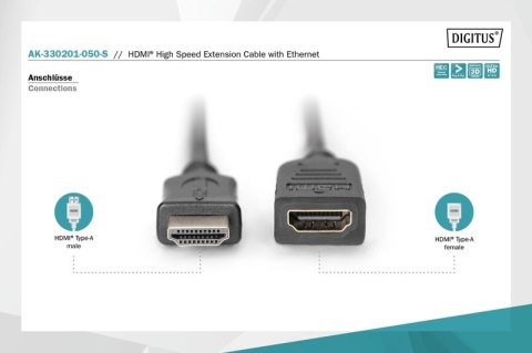 Digitus Kabel przedłużający HDMI HighSpeed z Ethernetem 1080p 60Hz FHD Typ HDMI A/HDMI A M/Ż 5m czarny