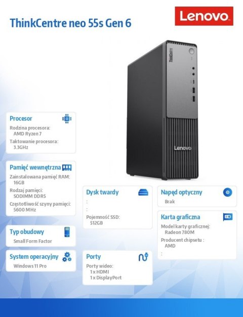Lenovo Komputer ThinkCentre Neo 55s G6 SFF 13G0001KPB W11Pro 7 250/16GB/512GB/AMD/3YR OS