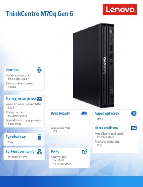 Lenovo Komputer ThinkCentre M70q Tiny G6 13A40016PB W11Pro Ultra 7 265T/2X16GB/1TB/INT/vPro/Black/3YR OS + 1YR Premier TC