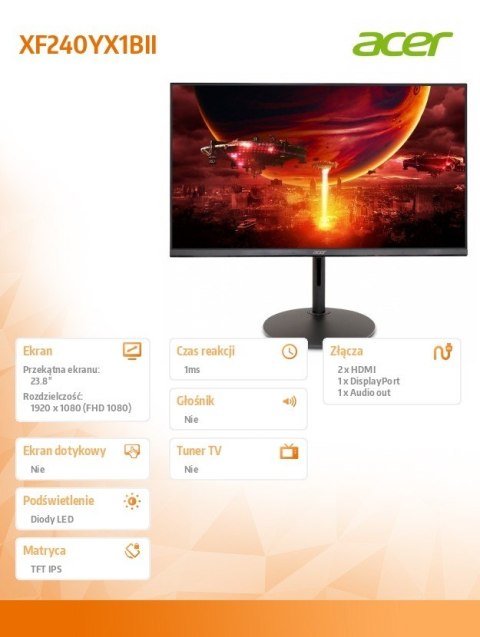 Acer Monitor 23.8 cala XF240YX1BII IPS 200Hz 1ms 2XHDMI DP