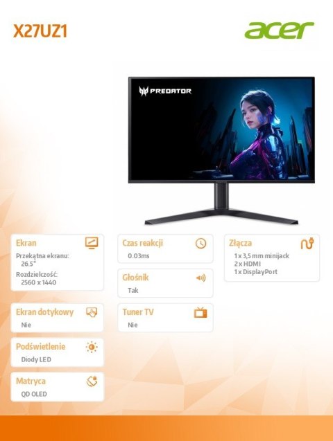 Acer Monitor 26.5 cala X27UZ1 QD-OLED HDMIx2 DP 280Hz