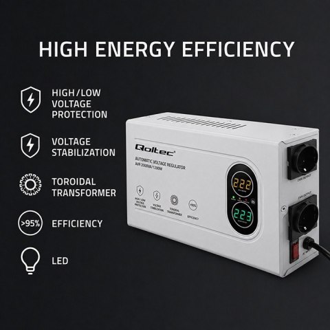 Qoltec Stabilizator napięcia AVR 2000VA | 1200W | Toroidalny transformator