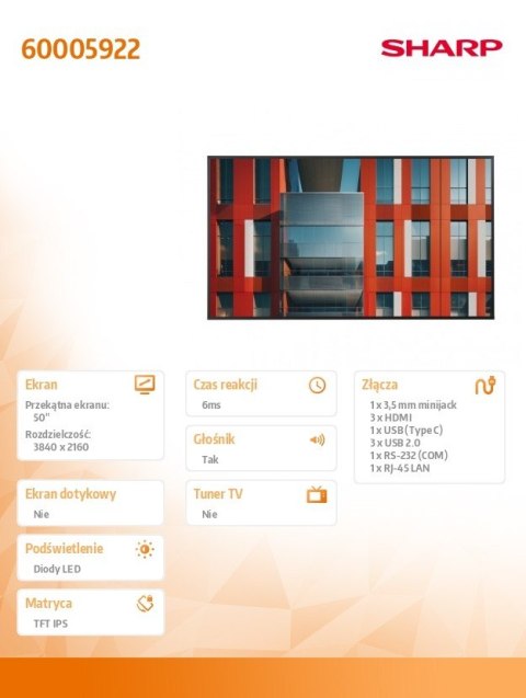 Sharp Monitor wielkoformatowy MultiSync ME502 50 cali 450cd/m2 18/7