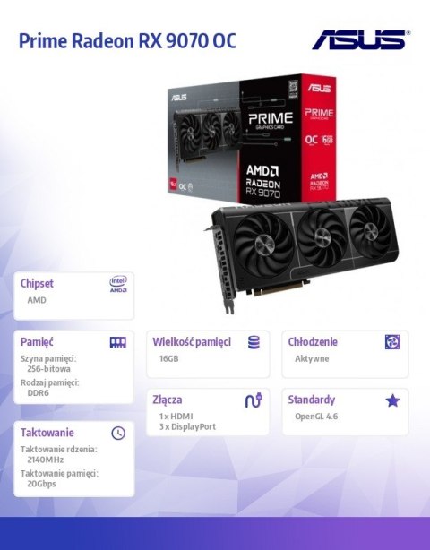 Asus Karta graficzna Radeon RX 9070 PRIME OC 16GB GDDR6 256bit DP/HDMI