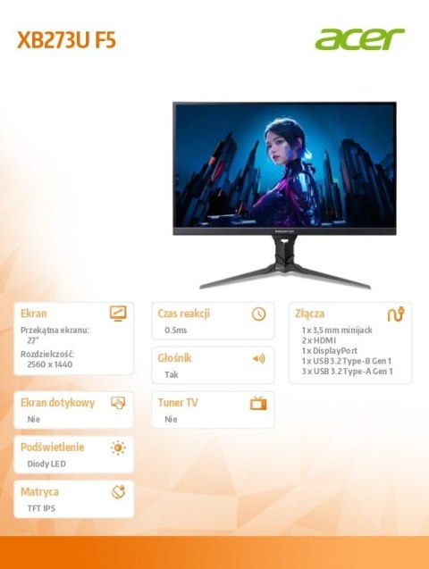 Acer Monitor 27 cali Predator XB27 XB273UF5bmiiprzx