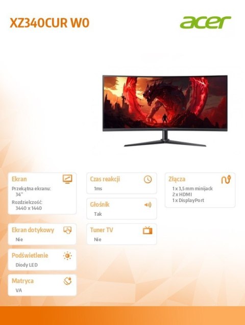 Acer Monitor 34 cale Nitro XZ340CU XZ340CURW0bmiiphx