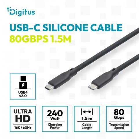 Digitus Kabel połączeniowy silikonowy USB-C-USB-C | USB 4 ver.2.0 80Gbps | 8K@60Hz | PD 3.1 240W| 1,5m | czarny