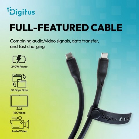 Digitus Kabel połączeniowy silikonowy USB-C-USB-C | USB 4 ver.2.0 80Gbps | 8K@60Hz | PD 3.1 240W| 1,5m | czarny