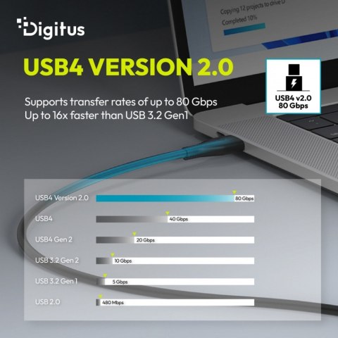 Digitus Kabel połączeniowy silikonowy USB-C-USB-C | USB 4 ver.2.0 80Gbps | 8K@60Hz | PD 3.1 240W| 1,5m | czarny