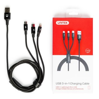 Unitek Kabel USB-A 3w1 USB-C/microUSB/ Lightning czarny C14049BK