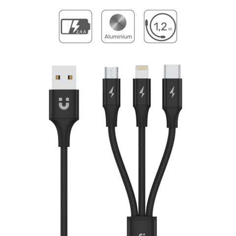 Unitek Kabel USB-A 3w1 USB-C/microUSB/ Lightning czarny C14049BK