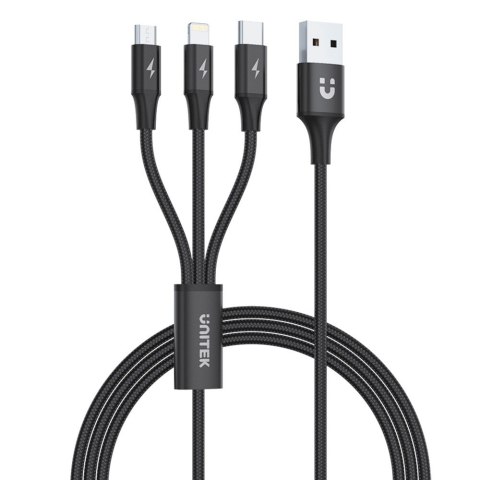 Unitek Kabel USB-A 3w1 USB-C/microUSB/ Lightning czarny C14049BK