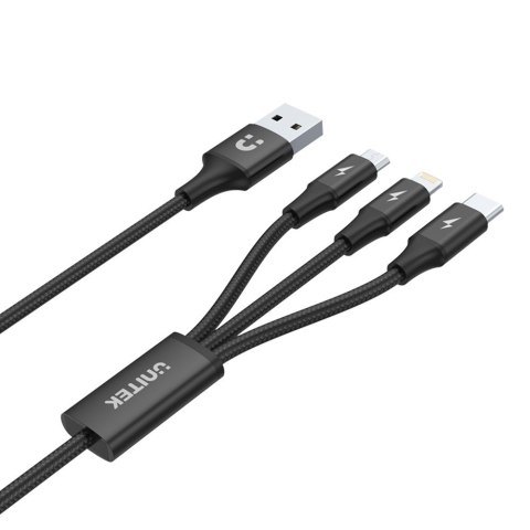 Unitek Kabel USB-A 3w1 USB-C/microUSB/ Lightning czarny C14049BK