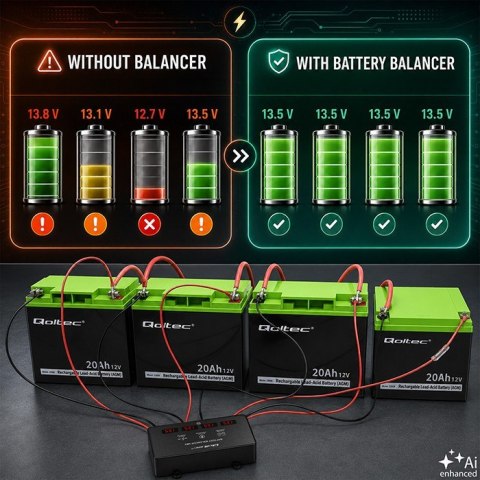 Qoltec Balanser napięcia 48V do akumulatorów 4x12V | 10A | AGM GEL LiFePO4 | LED