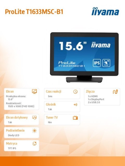 IIYAMA Monitor 15.6 cala ProLite T1633MSC-B1 poj.10pkt,IP54,IPS,USB
