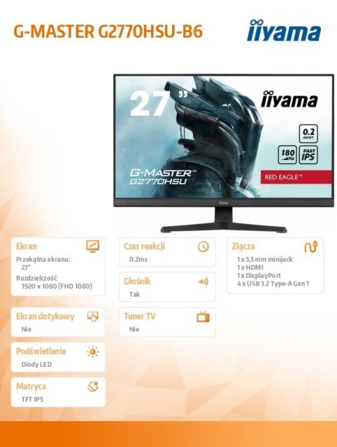 IIYAMA Monitor 27 cali G2770HSU-B6 0.2ms,IPS,DP,HDMI,180Hz