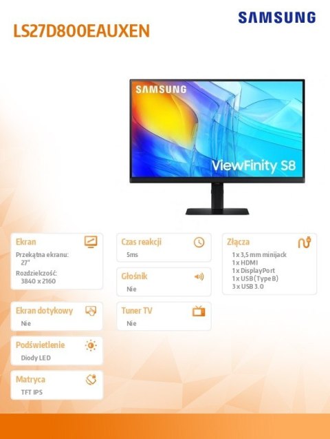Samsung Monitor 27 cali ViewFinity S80D IPS 3840x2160 UHD 16:9 1xHDMI 1xDP 3xUSB 3.0 5ms PinP/PbyP 60Hz HAS+PIVOT płaski 3YOn-Site (LS27