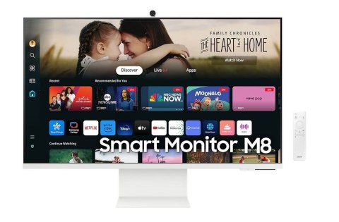 Samsung Monitor 32 cale SMART M80D VA 3840x2160 UHD 16:9 1xHDMI 1xUSB-C (65W) 2xUSB 2.0 4ms WiFi/BT HAS+PIV Webcam głośniki płaski biały