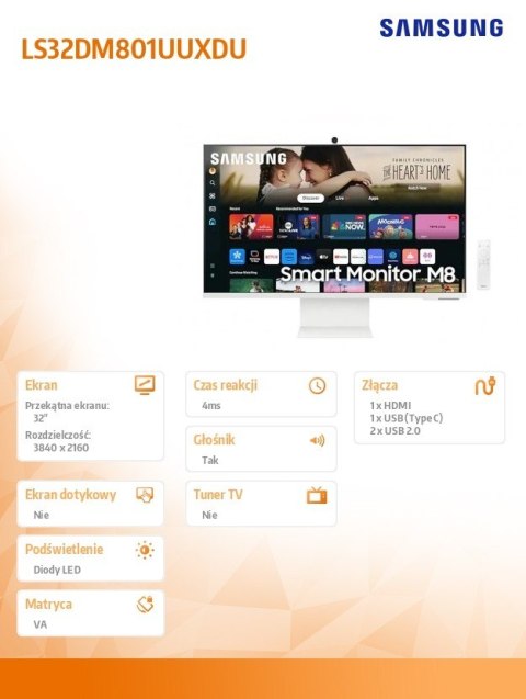 Samsung Monitor 32 cale SMART M80D VA 3840x2160 UHD 16:9 1xHDMI 1xUSB-C (65W) 2xUSB 2.0 4ms WiFi/BT HAS+PIV Webcam głośniki płaski biały