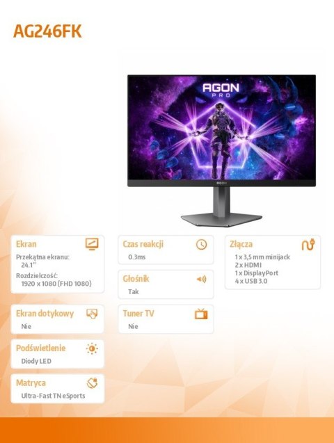 AOC Monitor AG246FK 24.1 cala 540Hz Ultra-Fast TN HDMIx2 DP Pivot