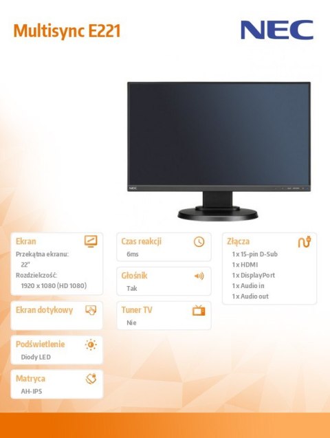 NEC Monitor Multisync E221N IPS DP HDMI Czarny NEC Monitor Multisync E221N IPS DP HDMI Czarny