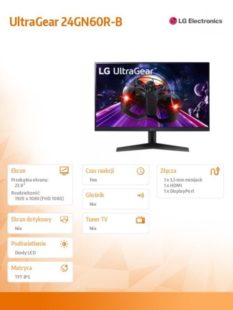 LG Electronics Monitor 24GN60R-B UltraGear 24 cale IPS 1ms 144Hz HDR10