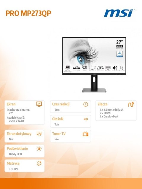 MSI Monitor 27 cali PRO MP273QP FLAT/IPS/WQHD/75Hz/4ms