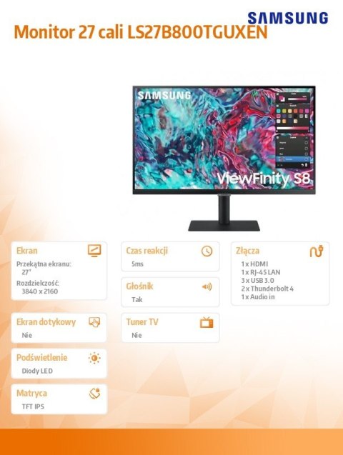 Samsung Monitor 27 cali ViewFinity S8 IPS 3840x2160 UHD 16:9 1xHDMI 2xTB 4.0 (90W/15W) 3xUSB 3.0 LAN 5ms DCh PinP/PbyP 60Hz HAS+PIV głoś