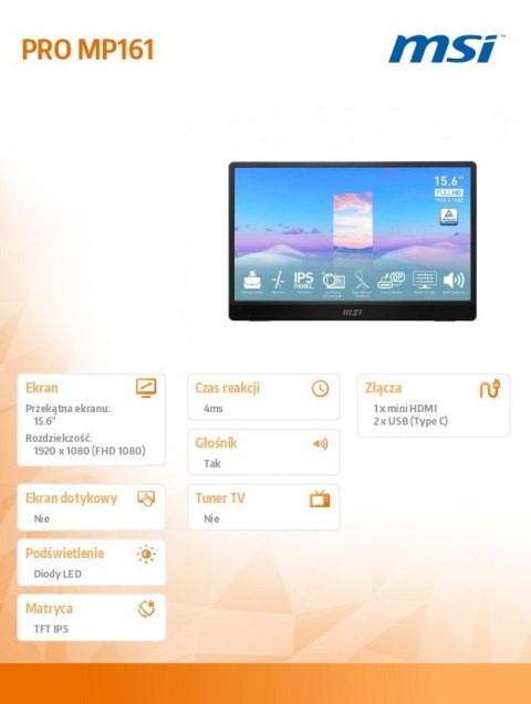 MSI Monitor PRO MP161 15,6 cala FHD/60Hz/2xUSB C