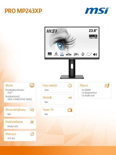 MSI Monitor PRO MP243XP 23.8 cala /IPS/FHD/4ms/100Hz/Czarny