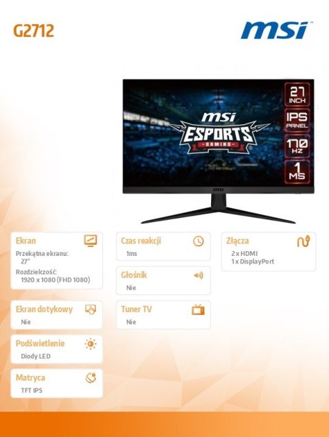 MSI Monitor gamingowy 27 cali G2712 IPS FLAT/LED/FHD/170Hz