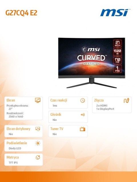MSI Monitor gamingowy 27 cali G27CQ4 E2 VA CURVED/LED/WQHD/170Hz
