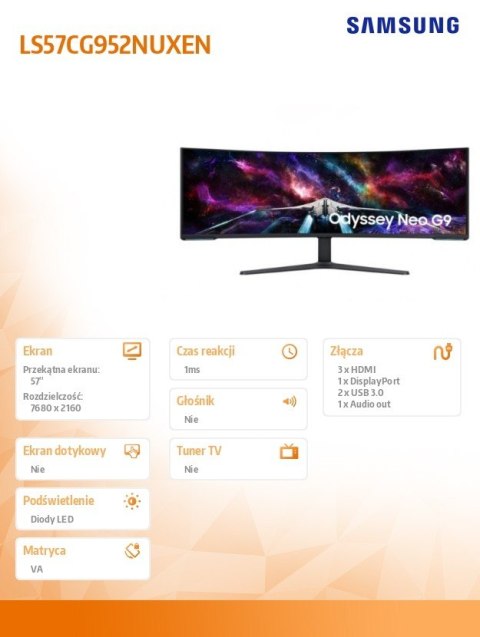 Samsung Samsung Monitor 57 cali G95NC VA 7680x2160 DUHD 32:9 3xHDMI 1xDP 2xUSB 3.0 KVM 1ms 240Hz HAS Gaming zakrzywiony 3Yd2d