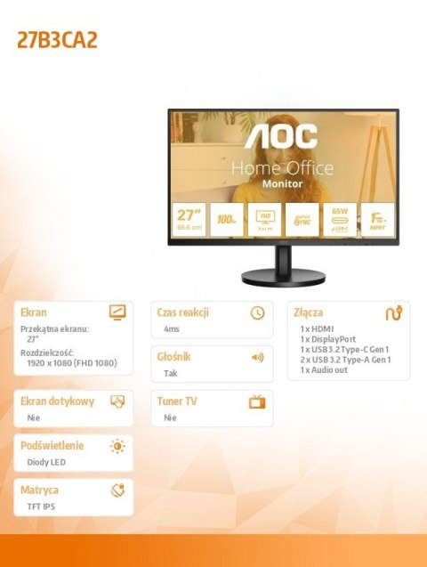 AOC Monitor 27B3CA2 27 cali IPS 100Hz HDMI DP USB-C