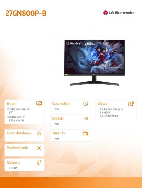 LG Electronics Monitor 27GN800P-B 27 cali IPS UltraGear QHD 144Hz 1ms
