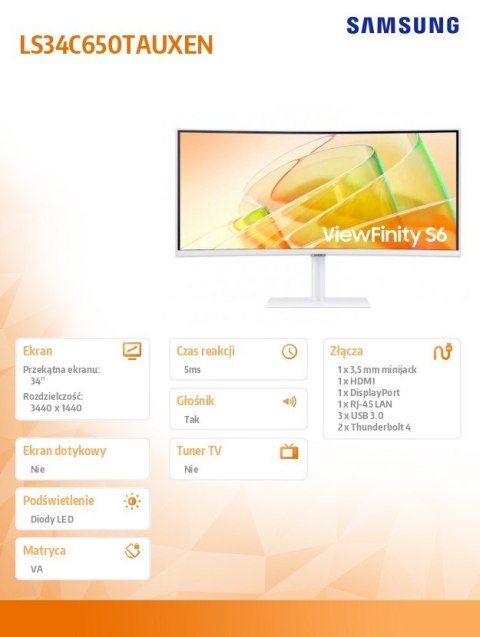 Samsung Monitor 34 cale ViewFinity S65CT VA 3440x1440 UWQHD 21:9 1xHDMI 1xDP 2xTB 4.0(90W/15W) 3xUSB 3.0 LAN 5ms 100Hz HAS głośniki zakr